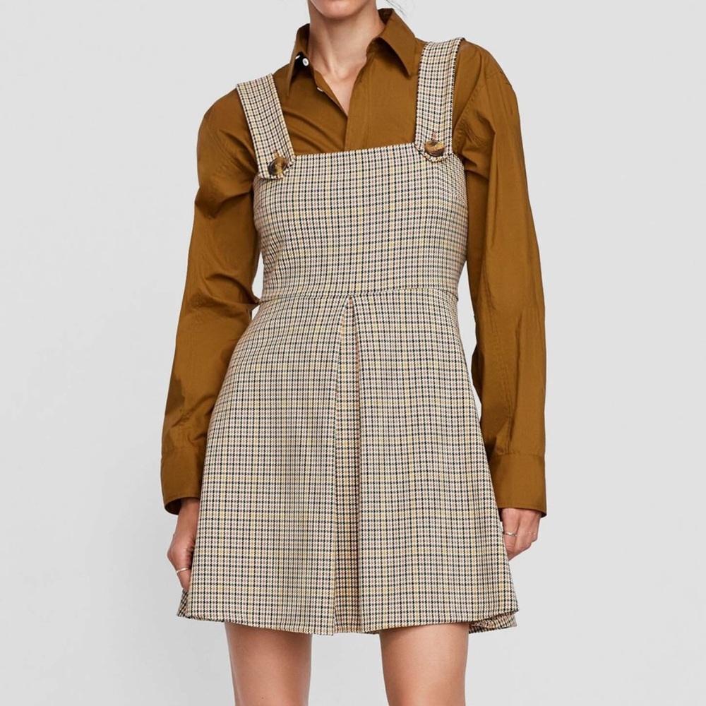 Zara women short Checked Pinafore Mini dress Beige Plaid Sleeveless size M